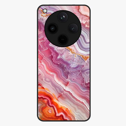 Rose Quartz Marble Glass Case showing flat back view with pink marble quartz texture artwork and glossy glass finish.