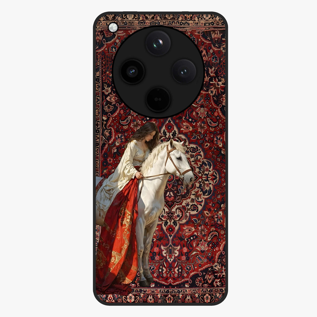 Royal Rider Tapestry Glass Case showing flat back view with majestic horse rider tapestry artwork and glossy glass finish.