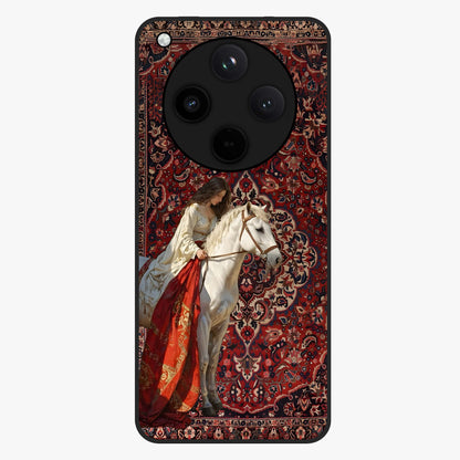Royal Rider Tapestry Glass Case showing flat back view with majestic horse rider tapestry artwork and glossy glass finish.