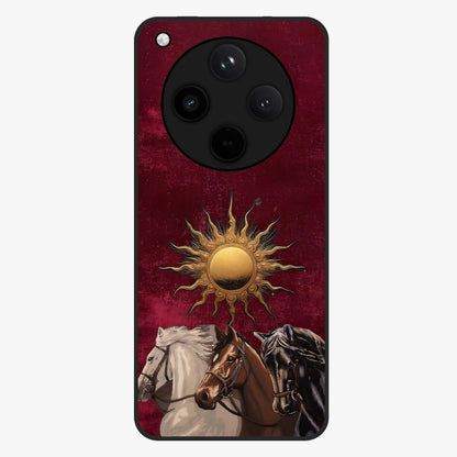 Solar Riders Glass Case showing flat back view with dynamic rider themed artwork and glossy glass finish.