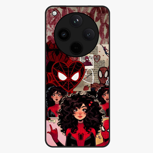 Spider Love Story Glass Case showing flat back view with romantic superhero themed artwork and glossy glass finish.