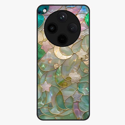 Stained Sunrise Glow Glass Case showing flat back view with glowing sunrise stained pattern artwork and glossy glass finish.