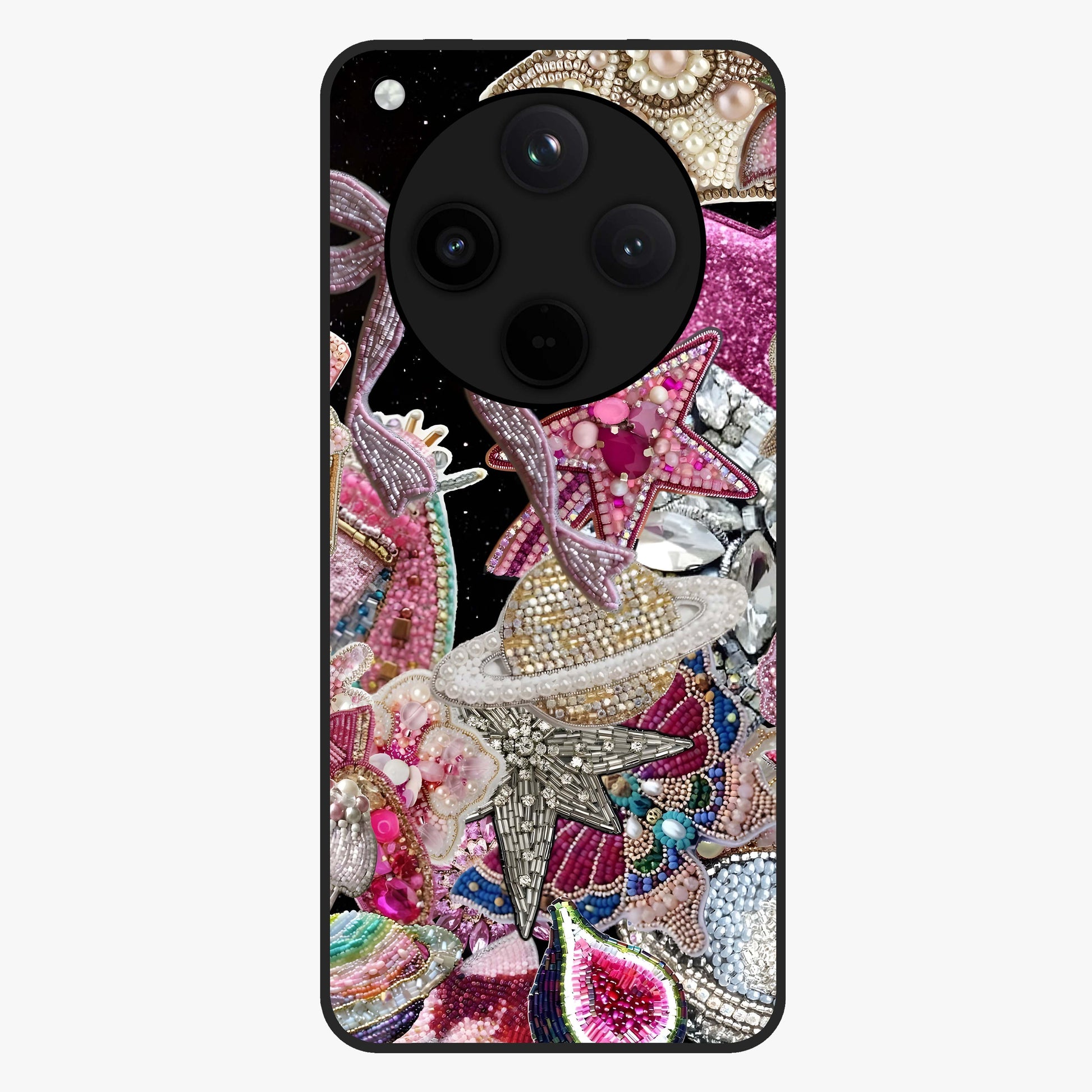 Starlit Jewel Dream Glass Case showing flat back view with sparkling jewel and star themed artwork and glossy glass finish.