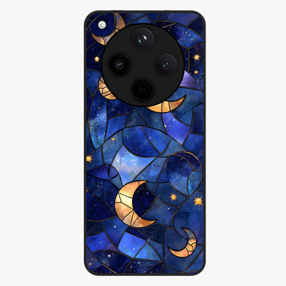 Starlit Sky Tapestry Glass Case showing flat back view with decorative starry sky tapestry artwork and glossy glass finish.