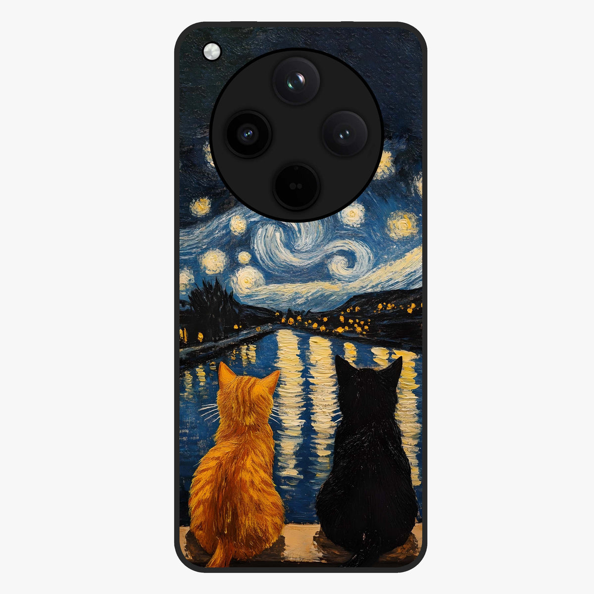 Starry River Cats Glass Case showing flat back view with cats by a starry river artwork and glossy glass finish.