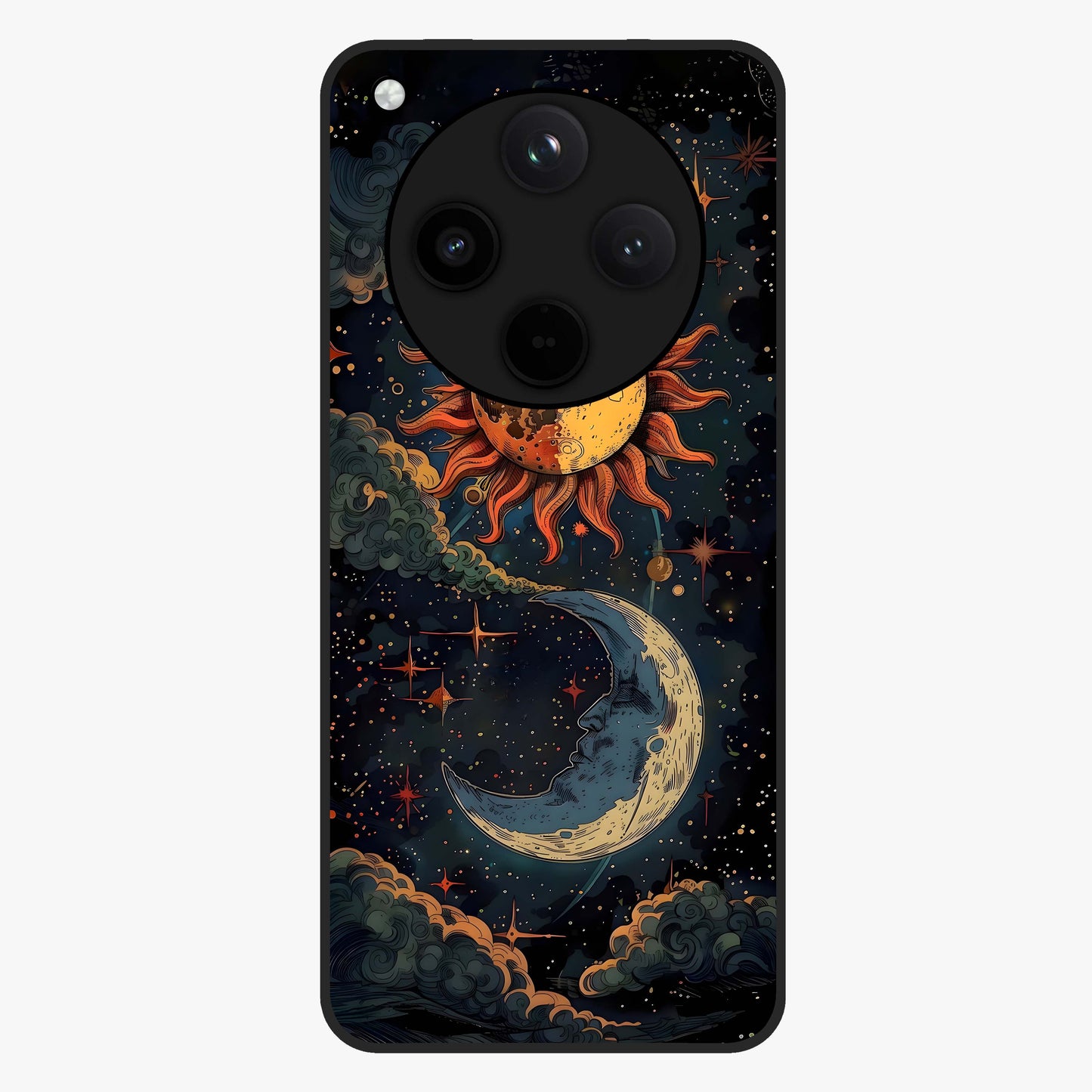 Sun And Moon Magic Design Glass Case showing flat back view with mystical sun and moon artwork and glossy glass finish.