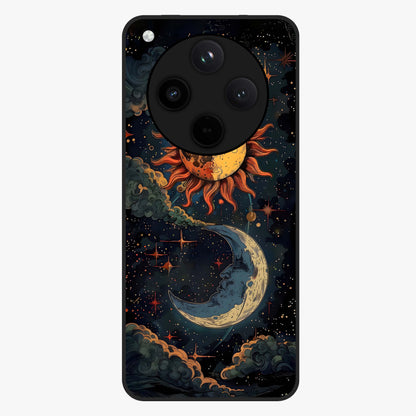 Sun And Moon Magic Design Glass Case showing flat back view with mystical sun and moon artwork and glossy glass finish.