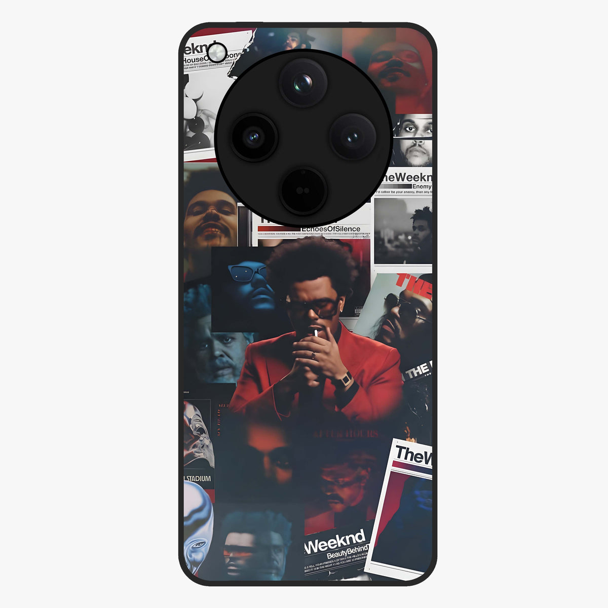 The Weeknd Glass Case showing flat back view with music inspired artistic portrait artwork and glossy glass finish.