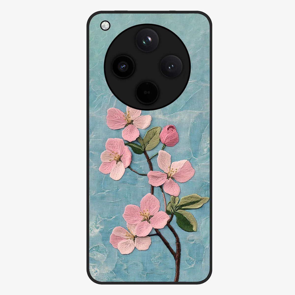 Threaded Blossom Breeze Glass Case showing flat back view with delicate blossom artwork and glossy glass finish.