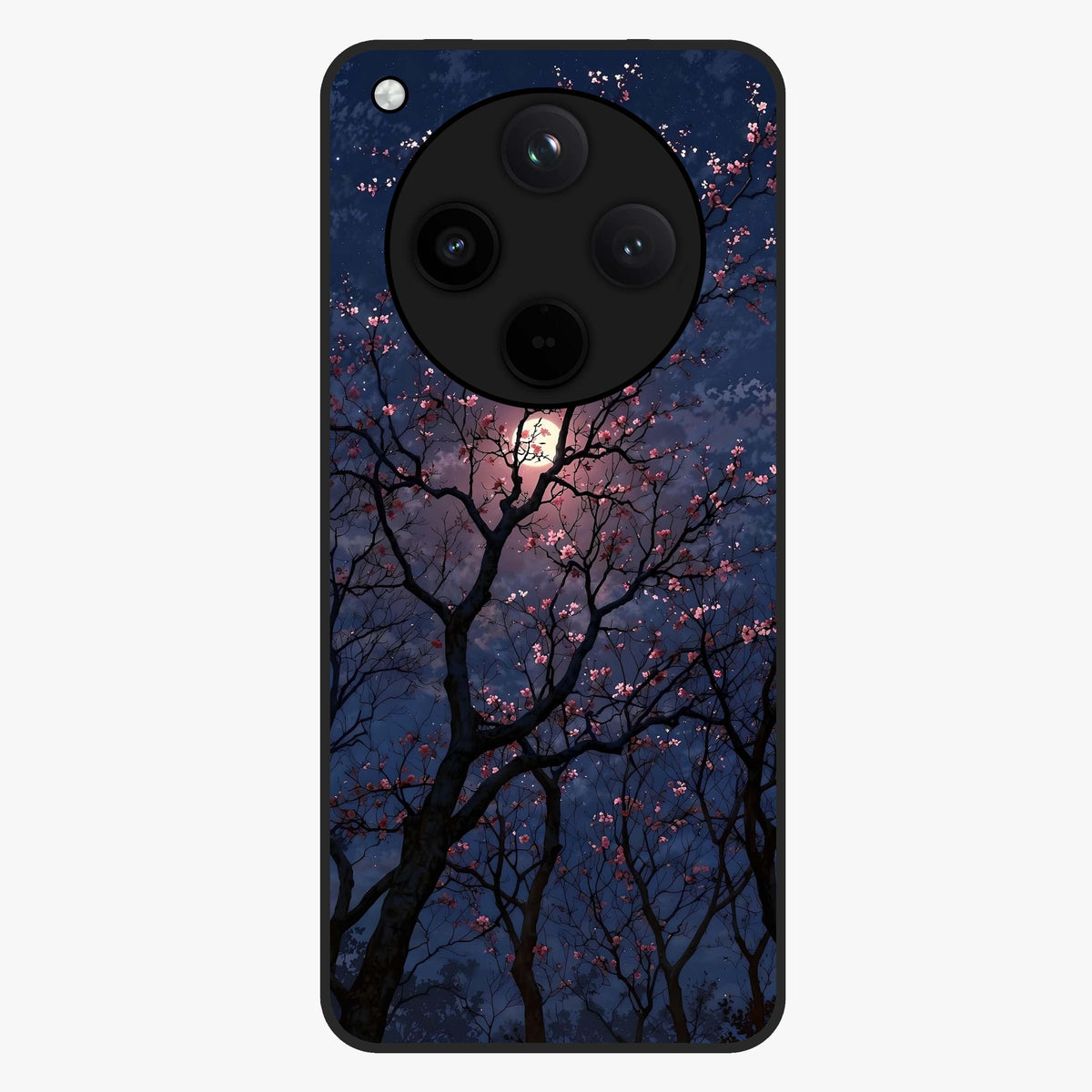 Twilight Sakura Serenade Glass Case showing flat back view with cherry blossom artwork at twilight and glossy glass finish.