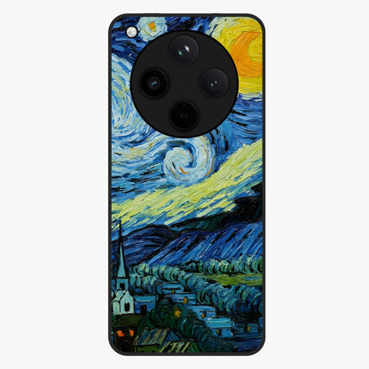 Van Gogh Art Glass Case showing flat back view with classic painterly artwork inspired by Van Gogh style and glossy glass finish.