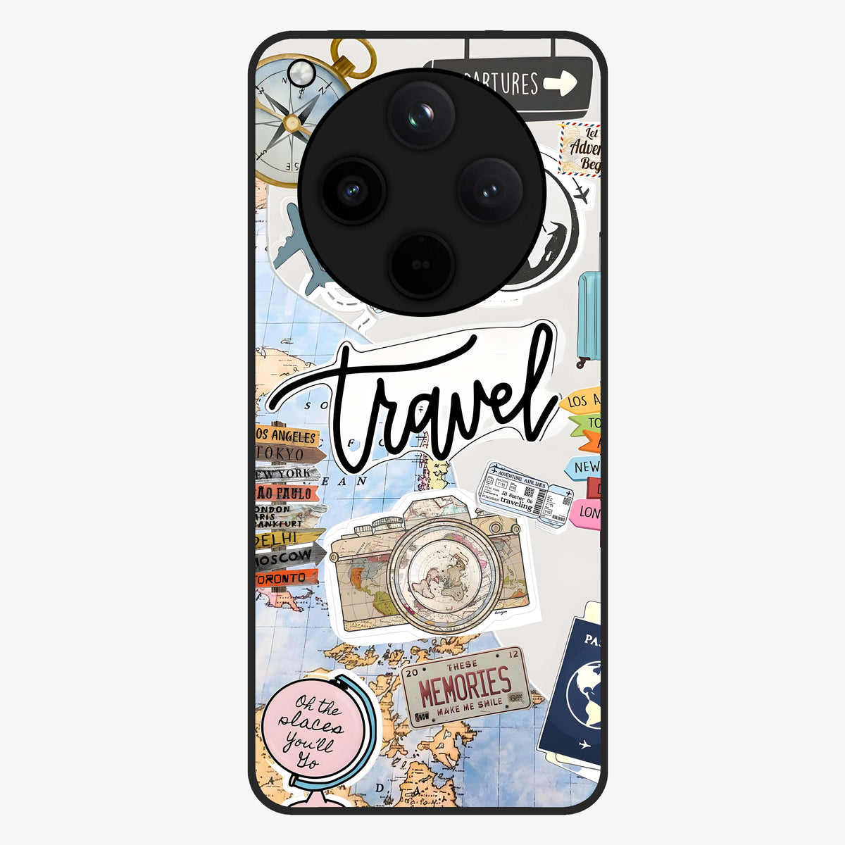 Wanderlust Journal Glass Case showing flat back view with travel inspired artwork and glossy glass finish.