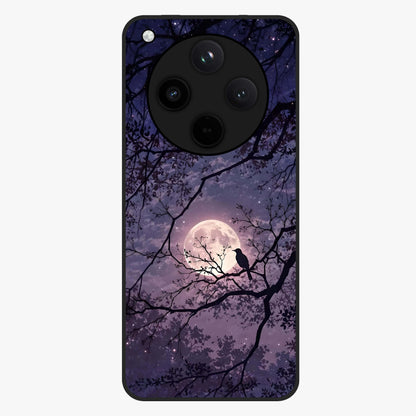 Whispering Moon Silence Glass Case showing flat back view with serene moon themed artwork and glossy glass finish.