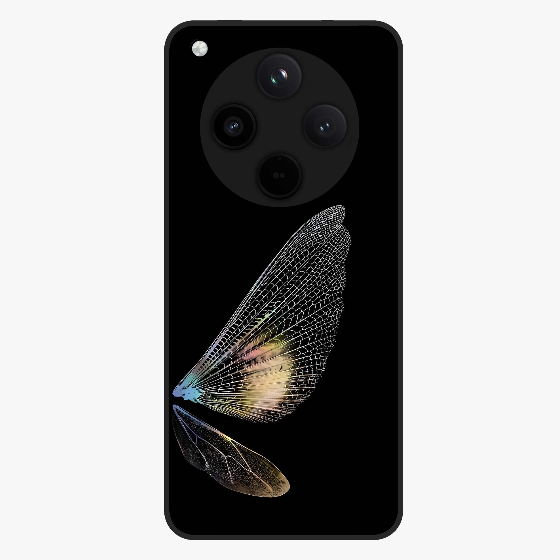 Whispers Of Wings Glass Case showing flat back view with graceful wing inspired artwork and glossy glass finish.