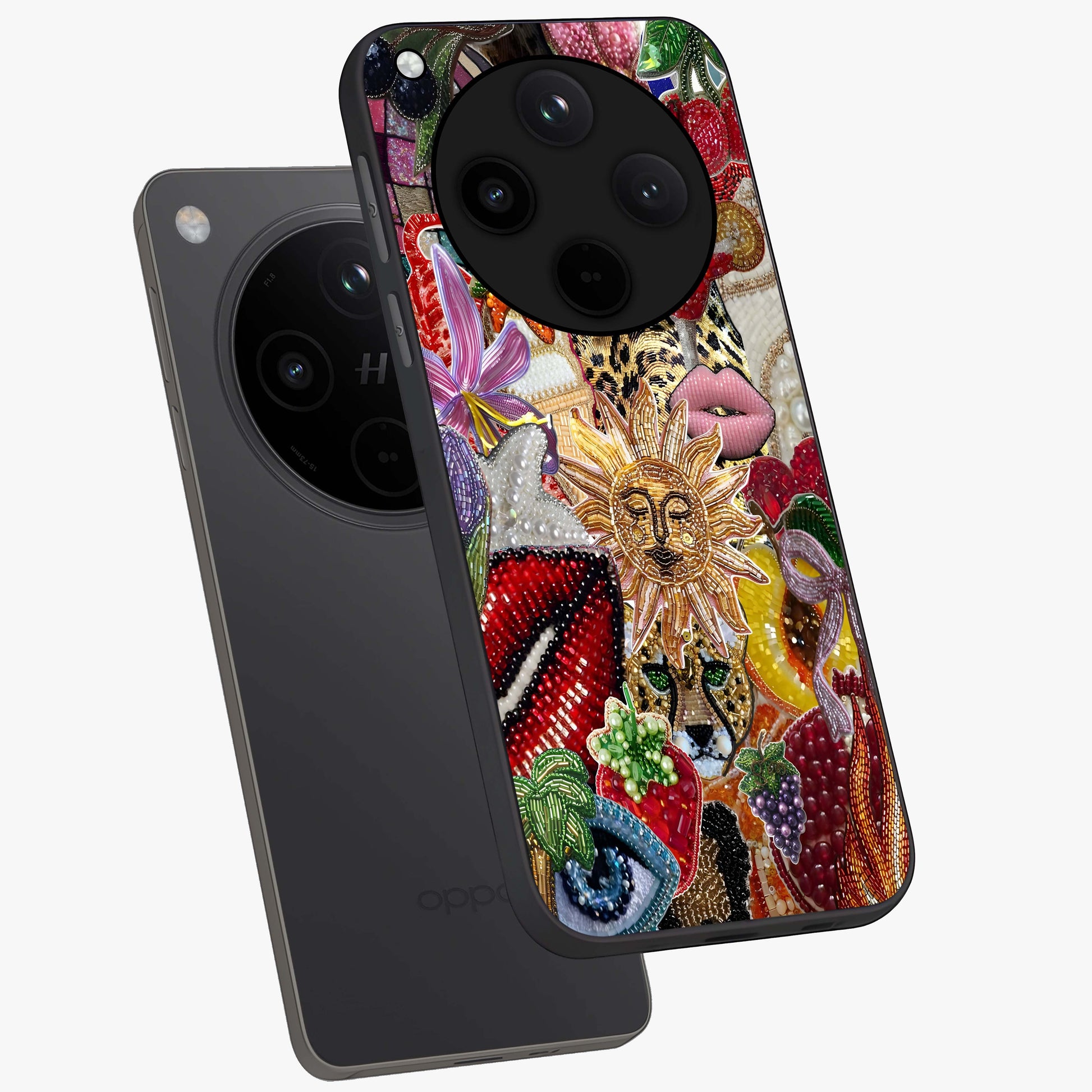 Beaded Fashion Jungle Glass Case displayed in angled mockup highlighting colorful fashion bead design and artistic pattern.