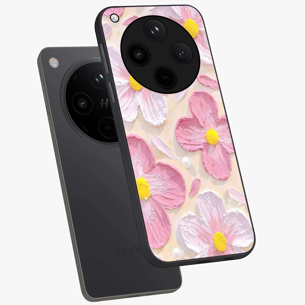 Blush Bloom Texture Glass Case displayed in angled mockup highlighting subtle bloom pattern with aesthetic pastel design.