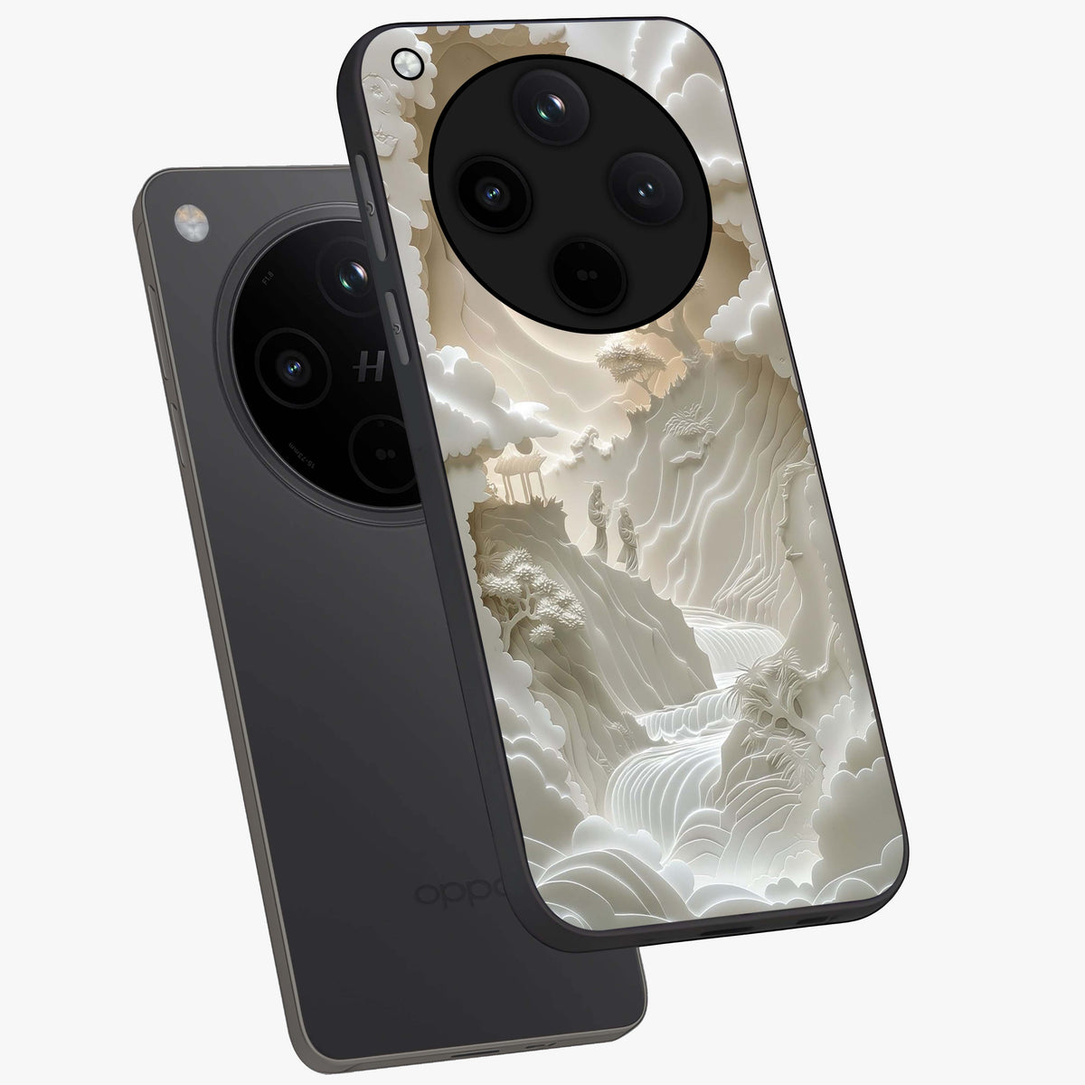 Celestial Origami Glass Case displayed in angled mockup highlighting geometric origami design with cosmic aesthetic theme.