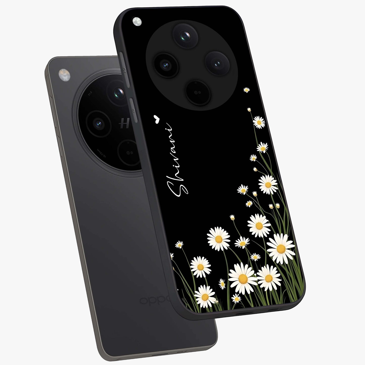 Daisy Cascade Custom Name Glass Case displayed in angled mockup highlighting delicate daisy artwork with custom name feature.