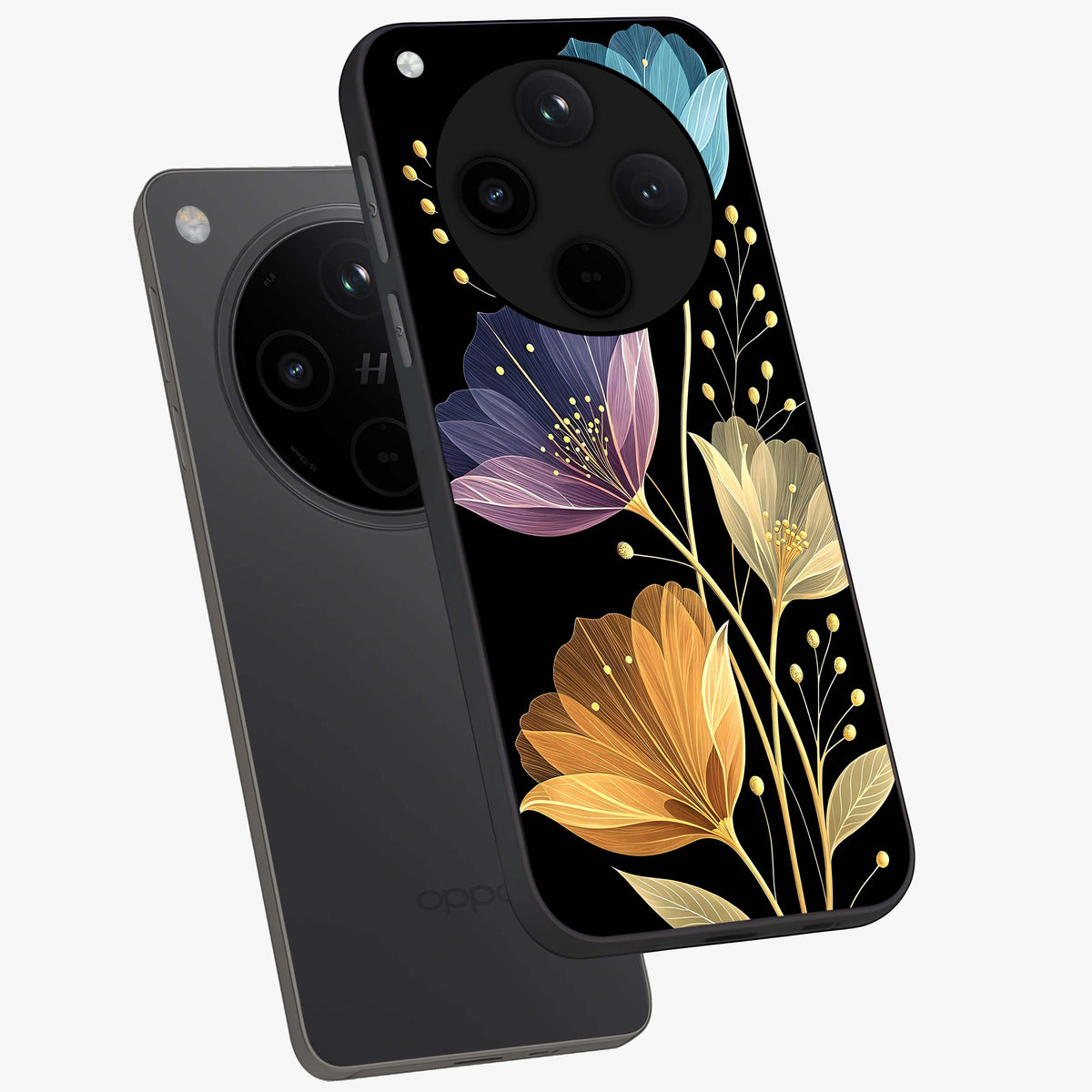 Delicate Multicolor Flowers Glass Case displayed in angled mockup highlighting colorful flower pattern with soft aesthetic style.