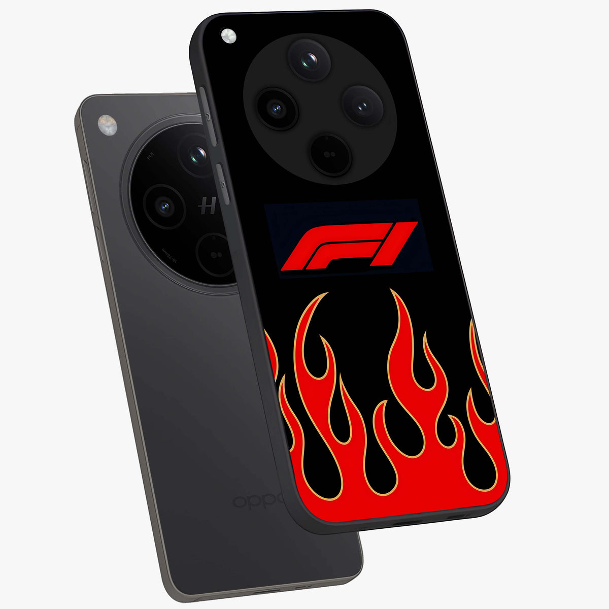 Fire F11 Glass Case displayed in angled mockup highlighting bold fire inspired graphic with energetic aesthetic style.