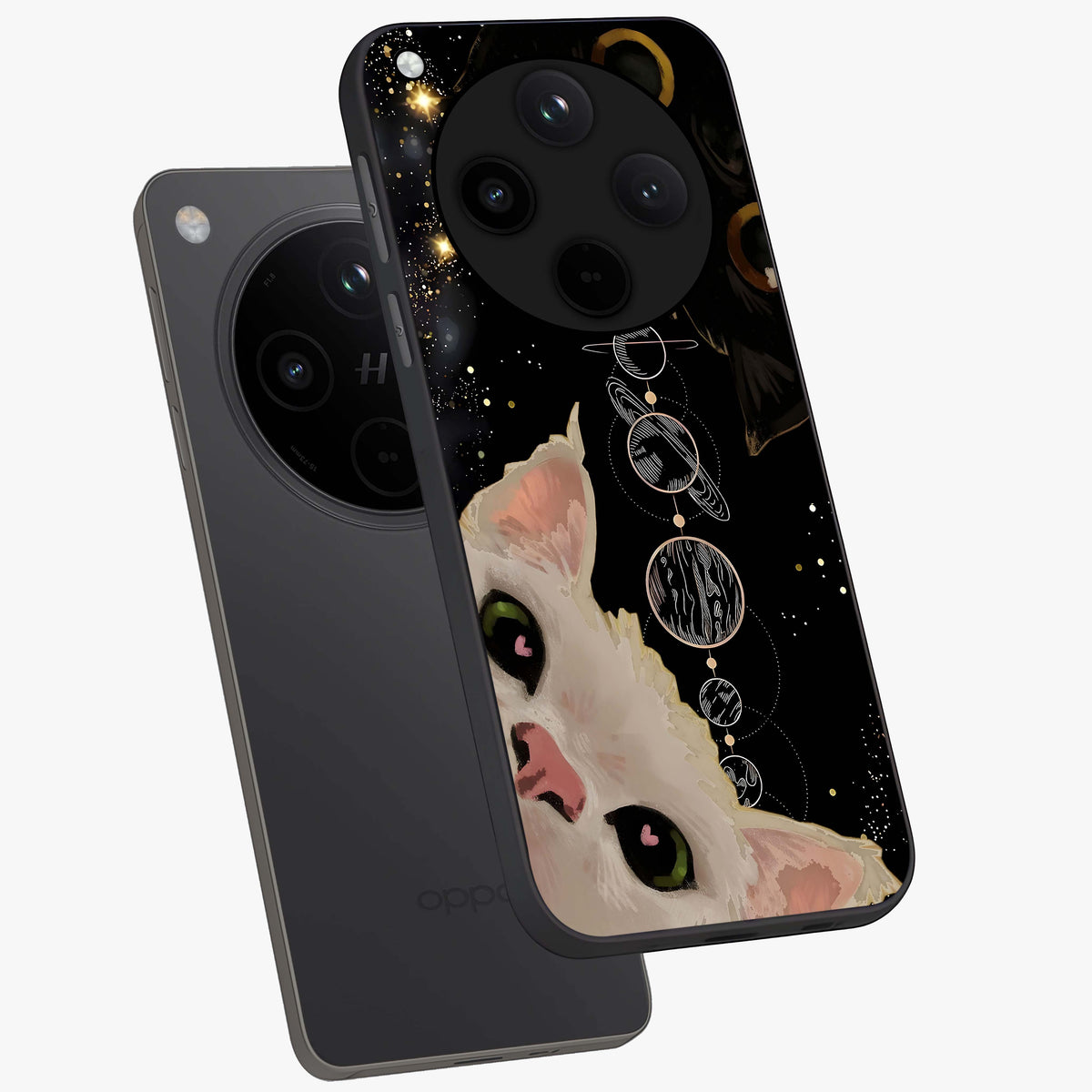 Galactic Cat Glass Case displayed in angled mockup highlighting celestial feline illustration with galaxy aesthetic style.