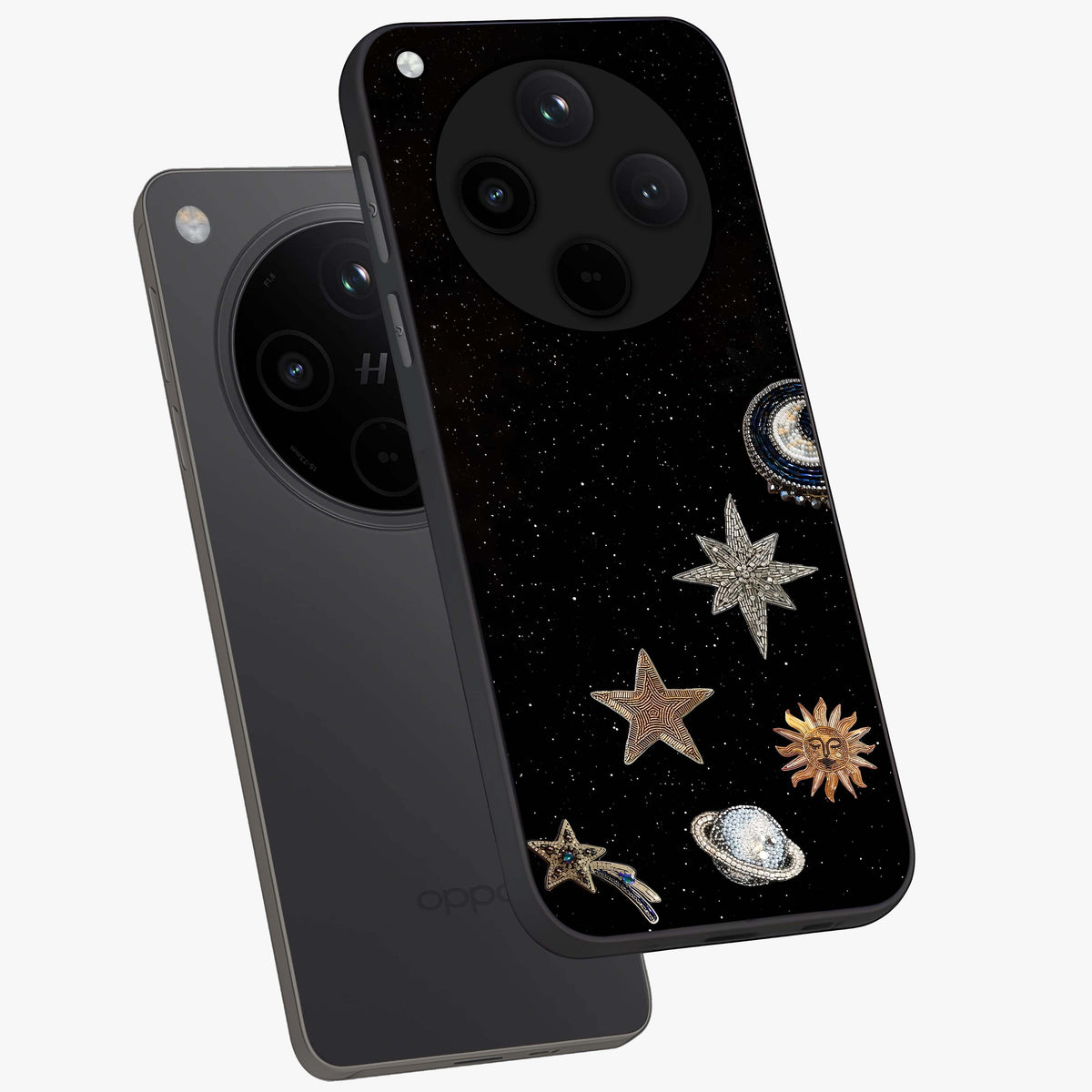 Galactic Charm Glow Glass Case displayed in angled mockup highlighting luminous galaxy inspired design with dreamy aesthetic.