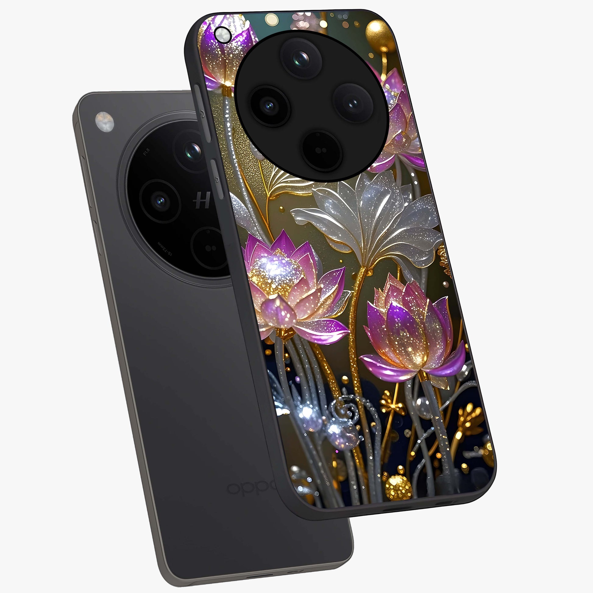 Golden Floral Majesty Glass Case displayed in angled mockup highlighting elegant flower design with royal golden aesthetic.