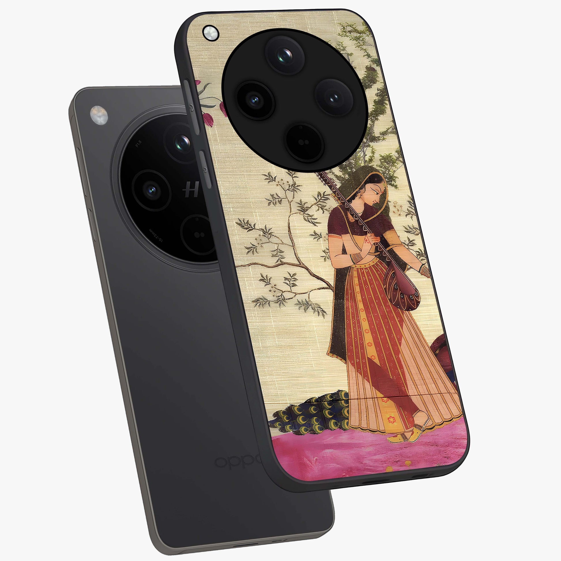 Lady With Veena Art Glass Case displayed in angled mockup highlighting graceful musical illustration with cultural artistic aesthetic.