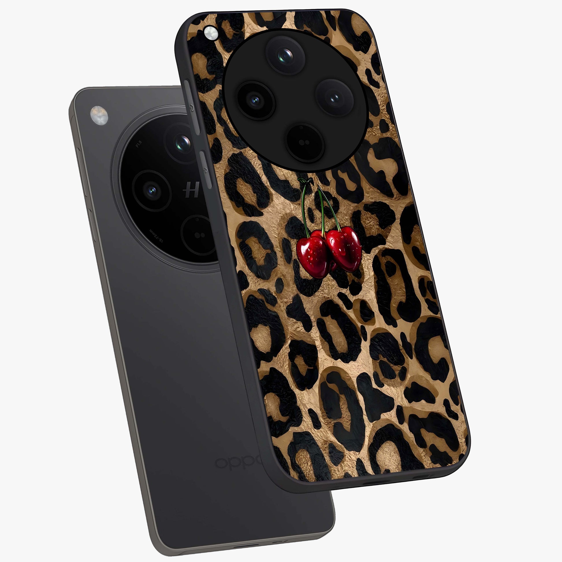 Leopard Wild Cherry Glass Case displayed in angled mockup highlighting bold animal print design with playful cherry aesthetic.
