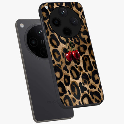 Leopard Wild Cherry Glass Case displayed in angled mockup highlighting bold animal print design with playful cherry aesthetic.