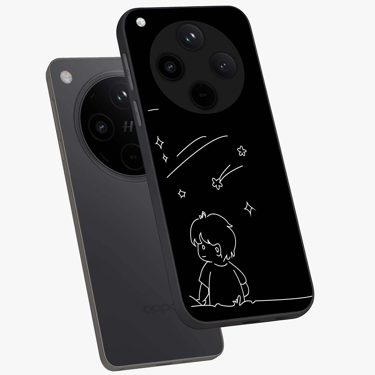 Line Art Boy With Shooting Stars Glass Case displayed in angled mockup highlighting elegant line art design with dreamy star aesthetic.