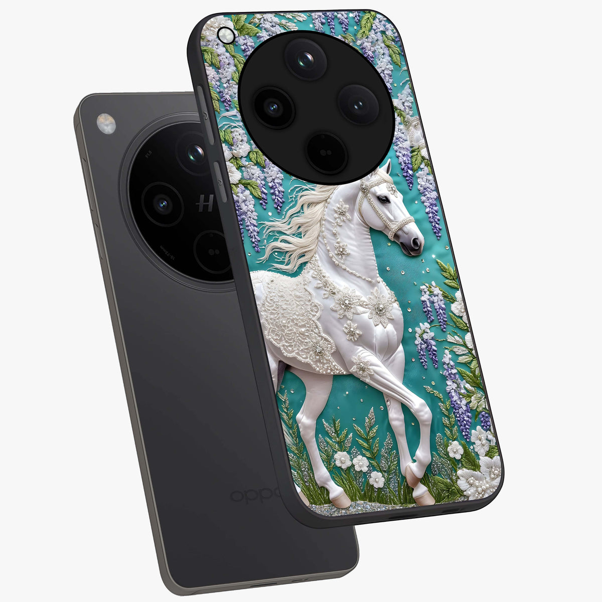 Majestic Floral Stallion Glass Case displayed in angled mockup highlighting majestic stallion illustration with elegant floral aesthetic.