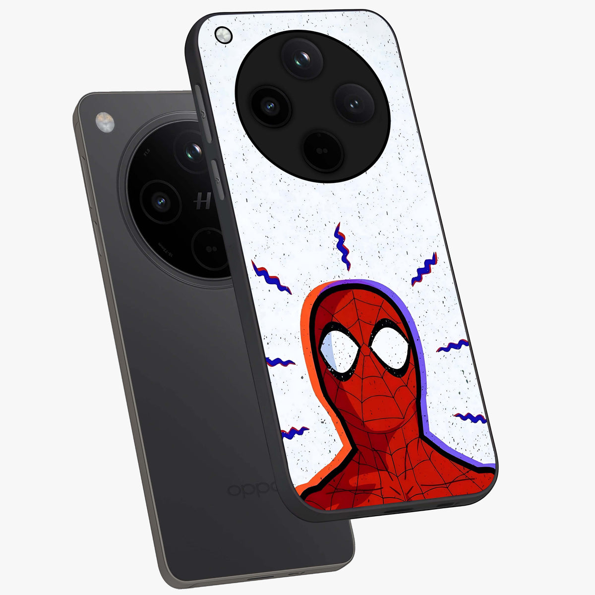 Omg Spiderman Glass Case displayed in angled mockup highlighting dynamic hero illustration with action comic aesthetic.