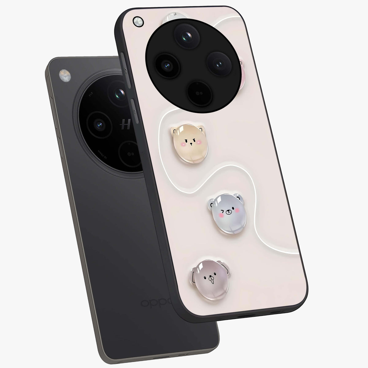 Puffy Face Parade Glass Case displayed in angled mockup highlighting playful cartoon face design with fun aesthetic.