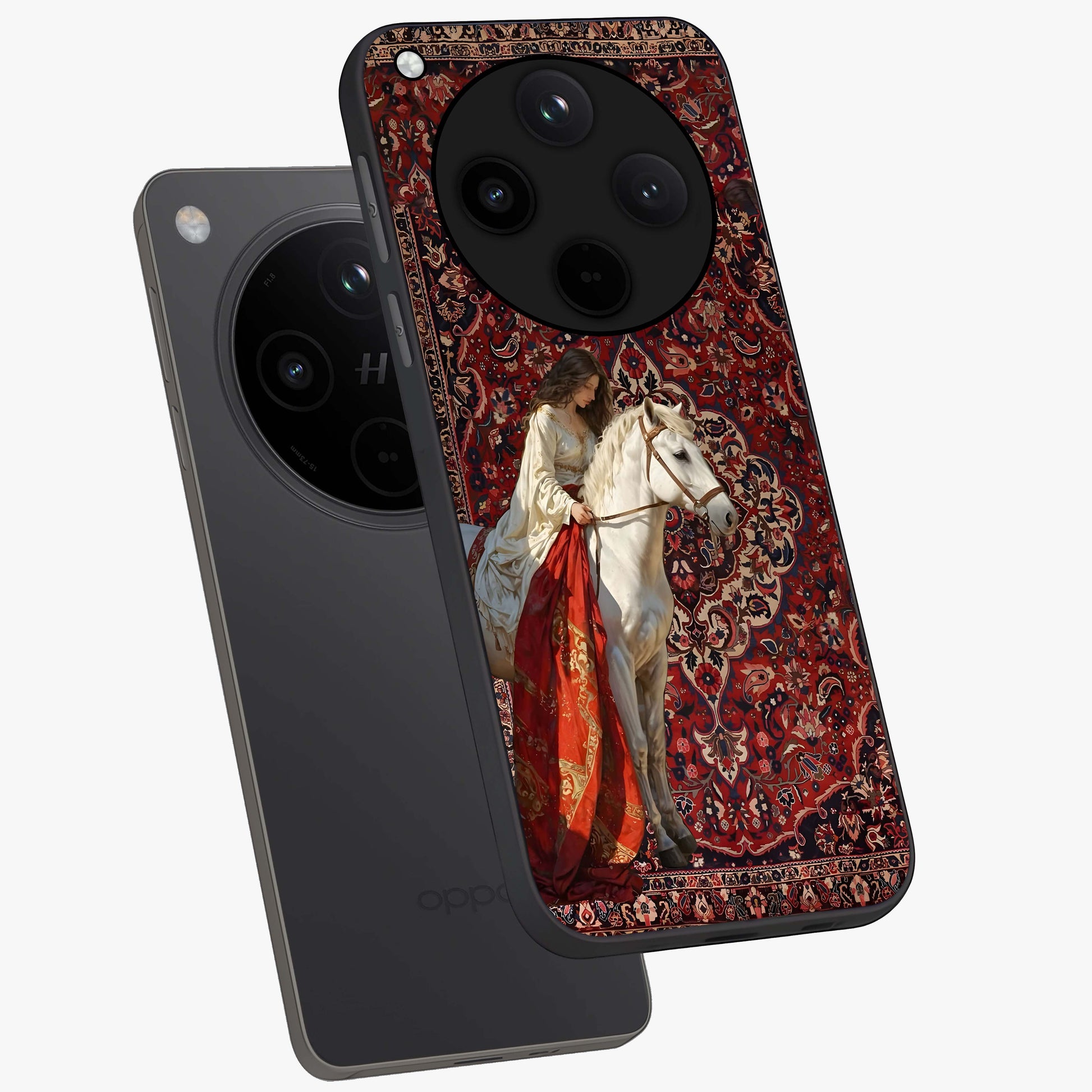 Royal Rider Tapestry Glass Case displayed in angled mockup highlighting traditional tapestry design with royal heritage aesthetic.