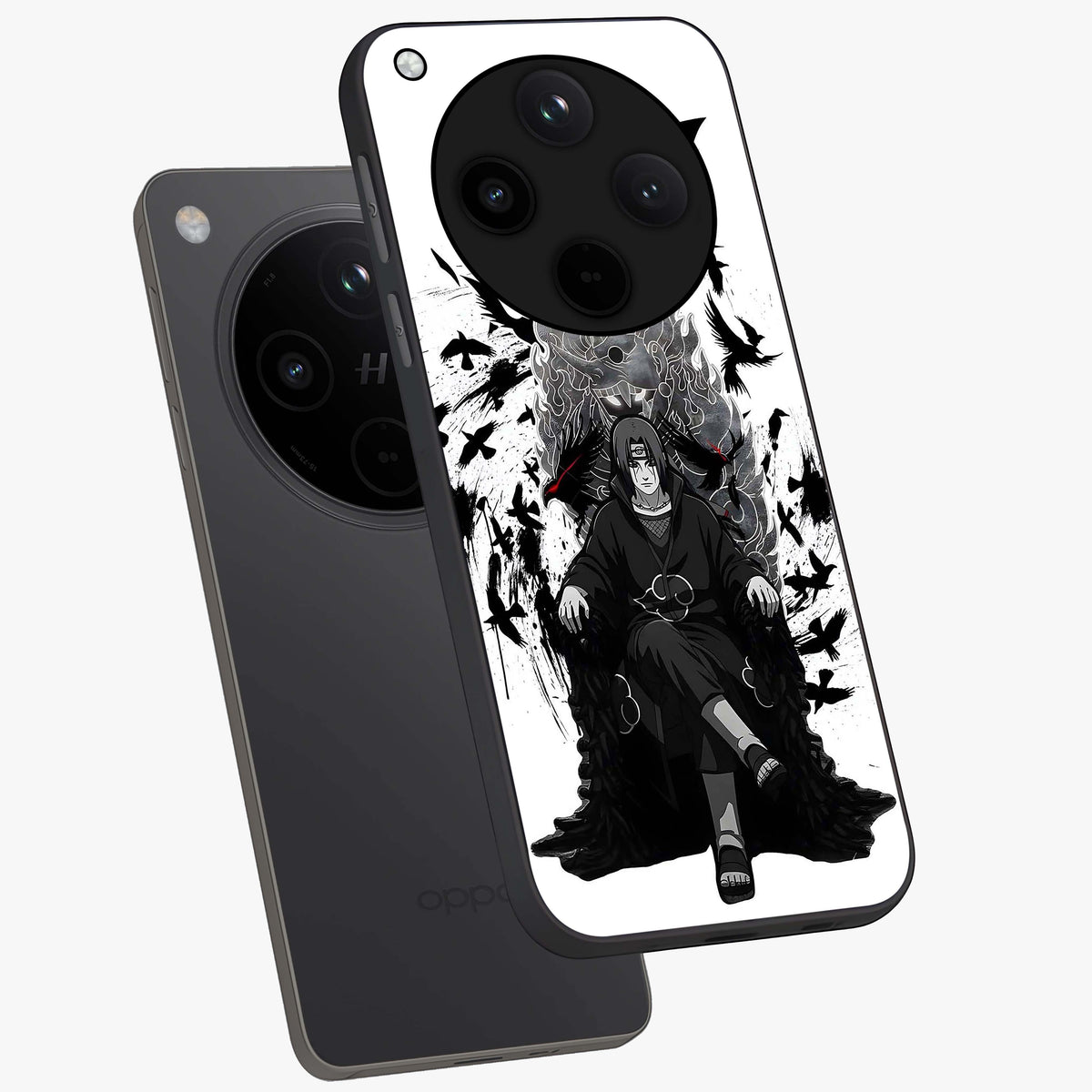 Uchiha Shadow Throne Glass Case displayed in angled mockup highlighting glowing aquatic design with celestial aesthetic.