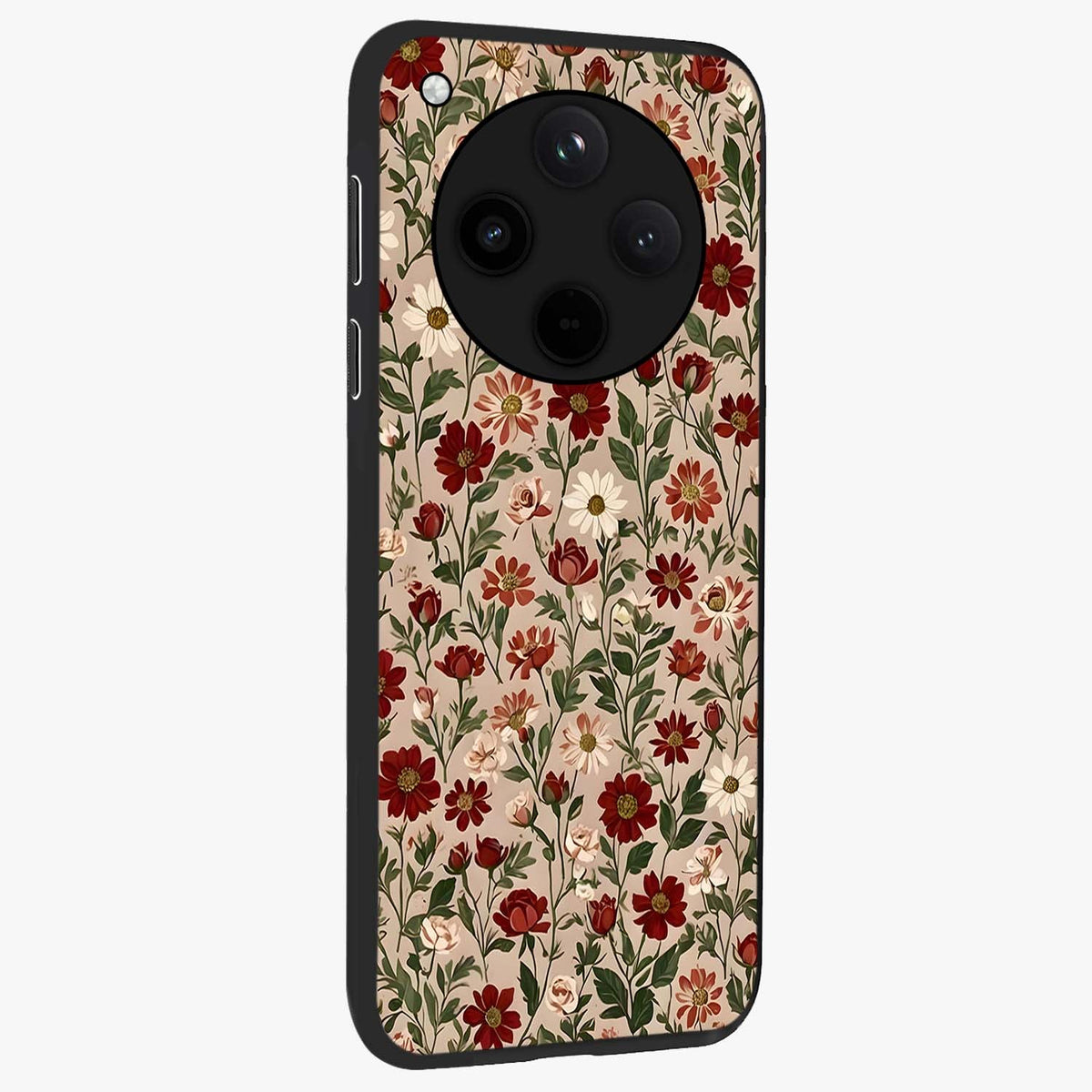 Biege Flower With Leaf Glass Case upright view showcasing delicate beige flower illustration with clean botanical style.