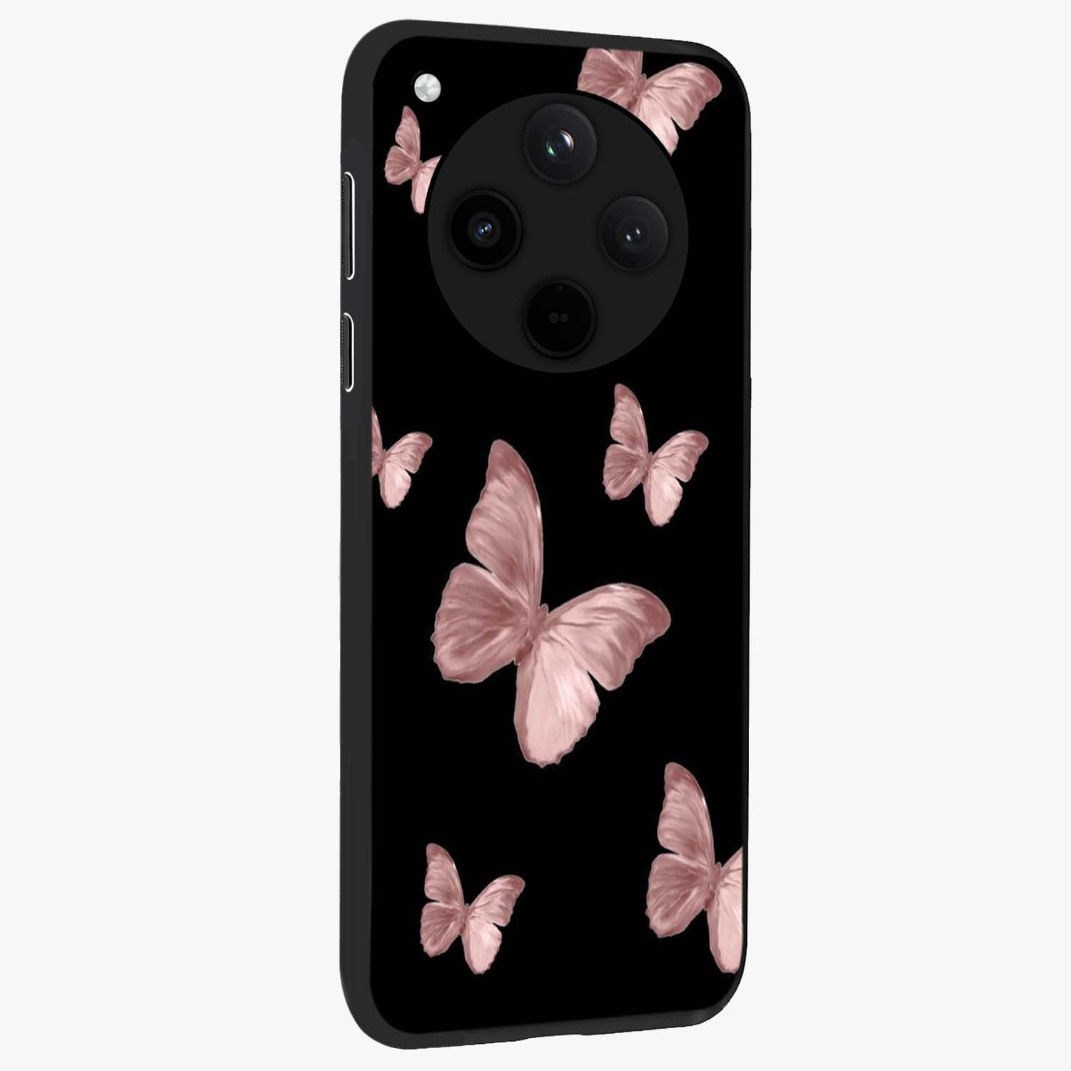 Butterfly Pattern Glass Case upright view showcasing graceful butterfly artwork with soft decorative theme.