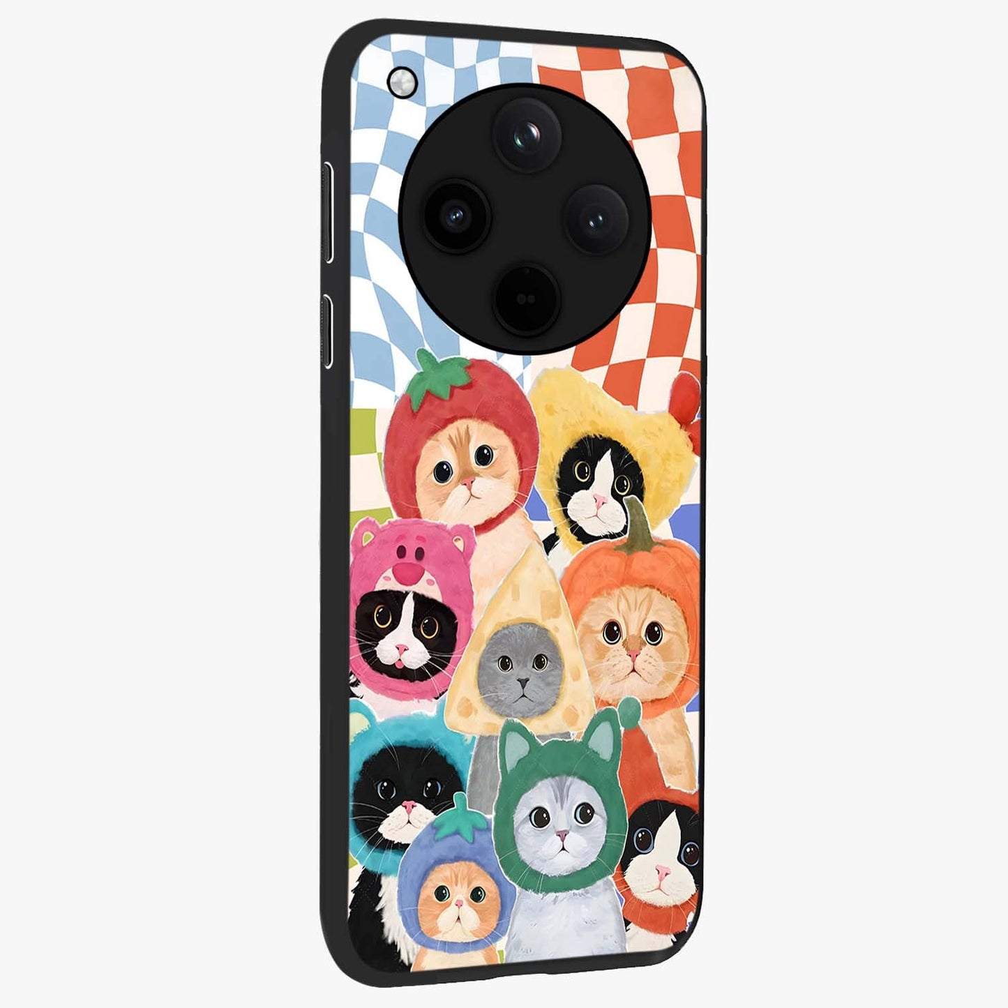 Cats in Fruits Glass Case upright view showcasing charming cat artwork with fun fruity theme.