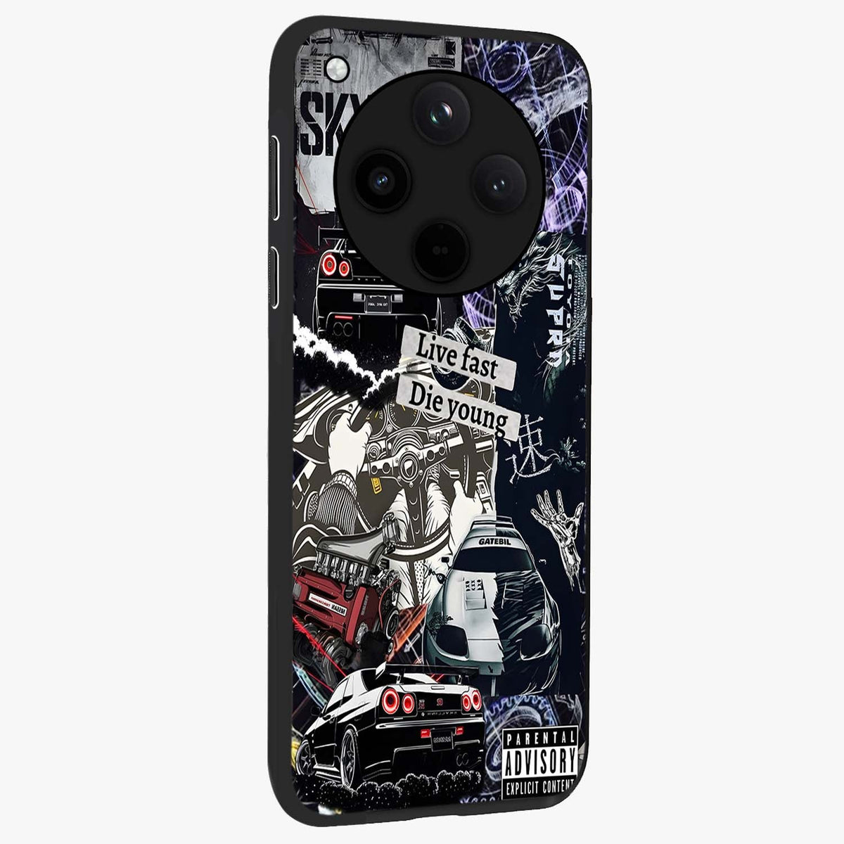Die Young Glass Case upright view showcasing striking typography artwork with modern statement theme.