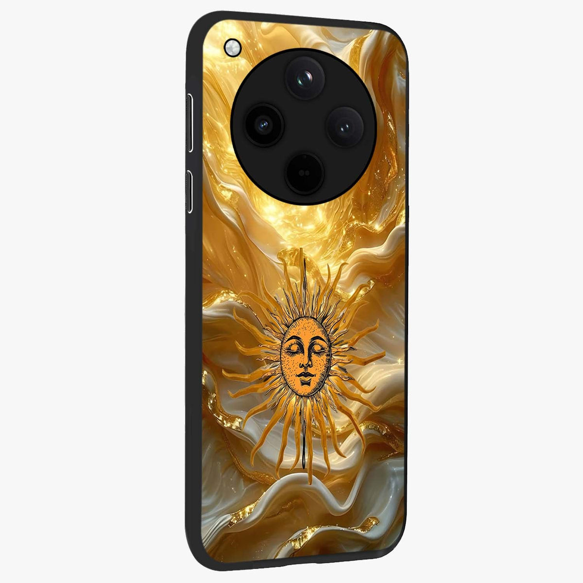 Eternal Golden Glow Glass Case upright view showcasing luminous golden artwork with luxurious visual theme.