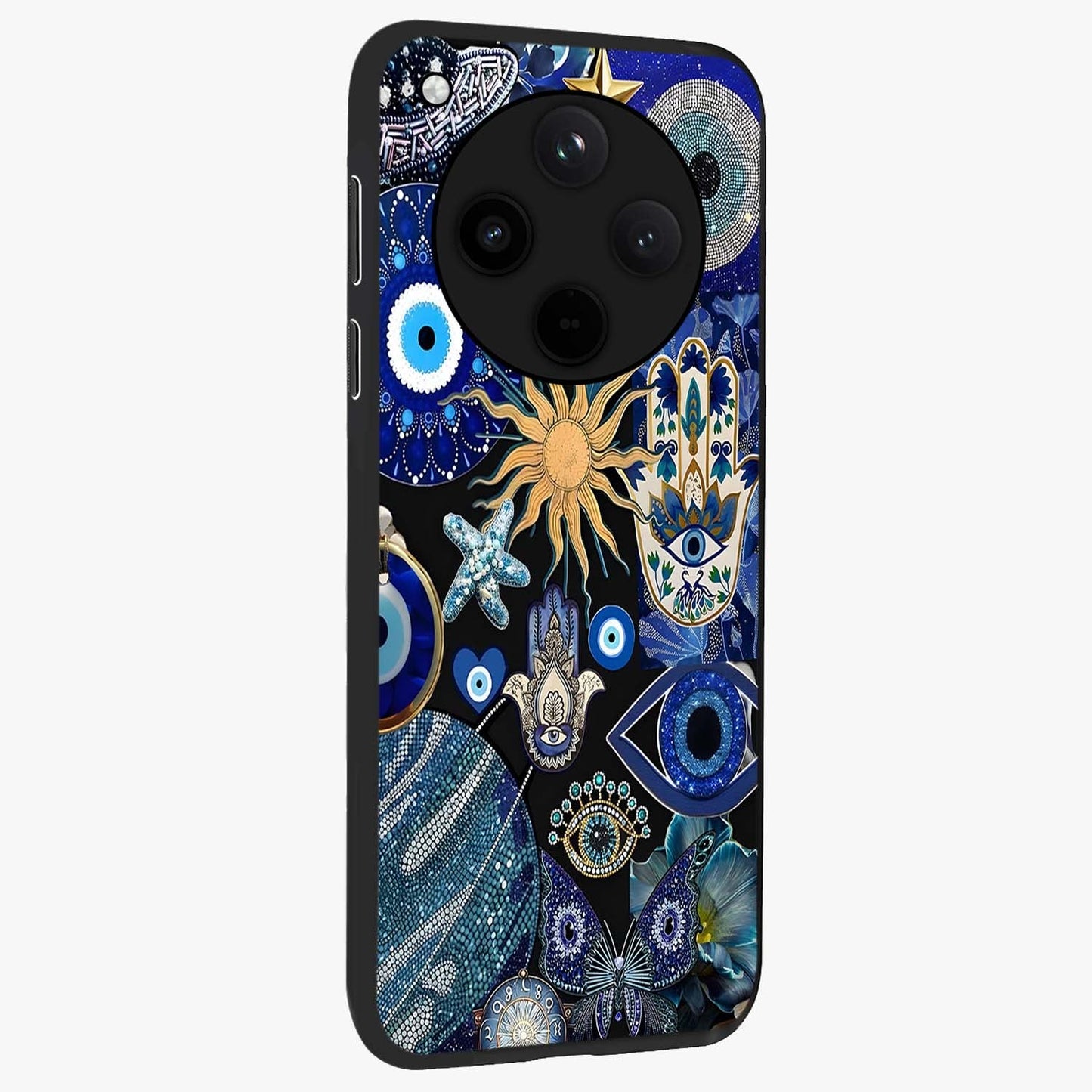Evil Eye Charm Mix Glass Case upright view showcasing mystical evil eye pattern with vibrant decorative style.