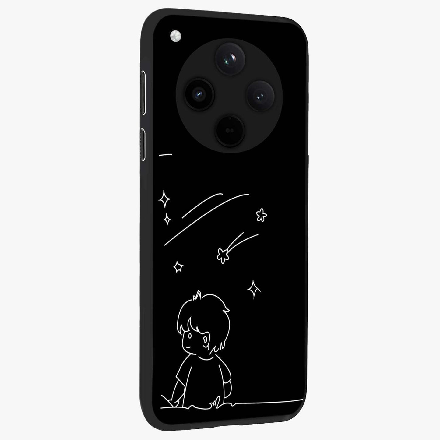 Line Art Boy With Shooting Stars Glass Case upright view showcasing artistic shooting star illustration with minimal style.