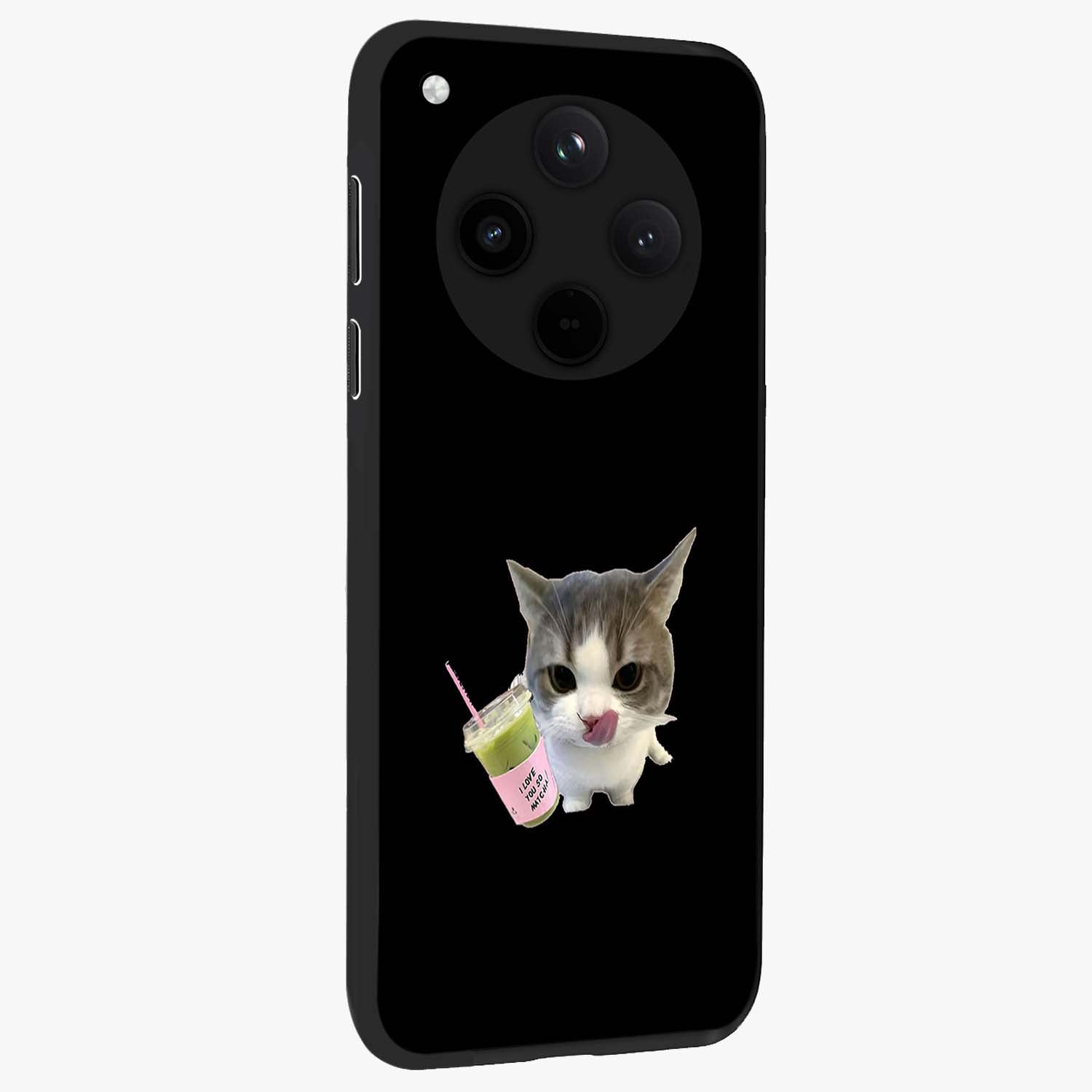 Matcha Cat Style Glass Case upright view showcasing charming cat artwork with cozy aesthetic theme.