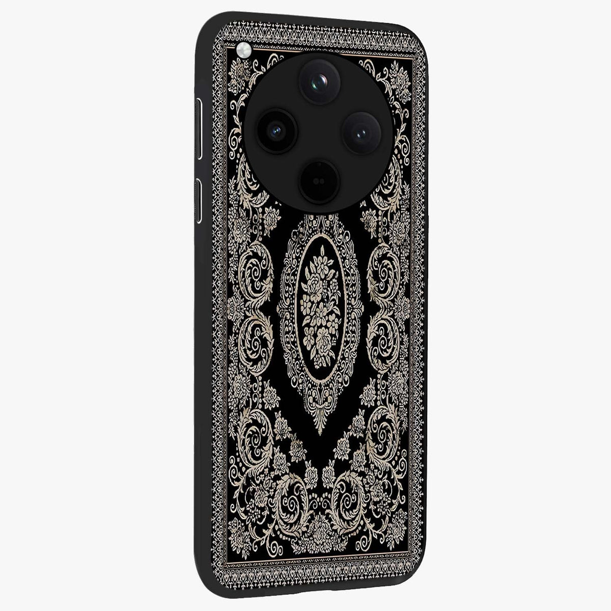 Noir Bloom Elegance Glass Case upright view showcasing graceful floral artwork with luxurious dark theme.