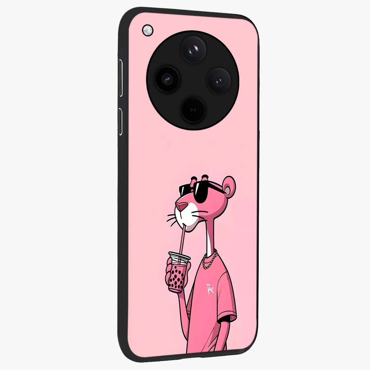 Pink Panther Glass Case upright view showcasing fun animated artwork with stylish retro cartoon theme.