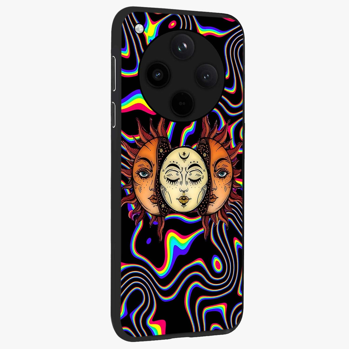 Psychedelic Sun Glass Case upright view showcasing trippy sun artwork with bold psychedelic theme.