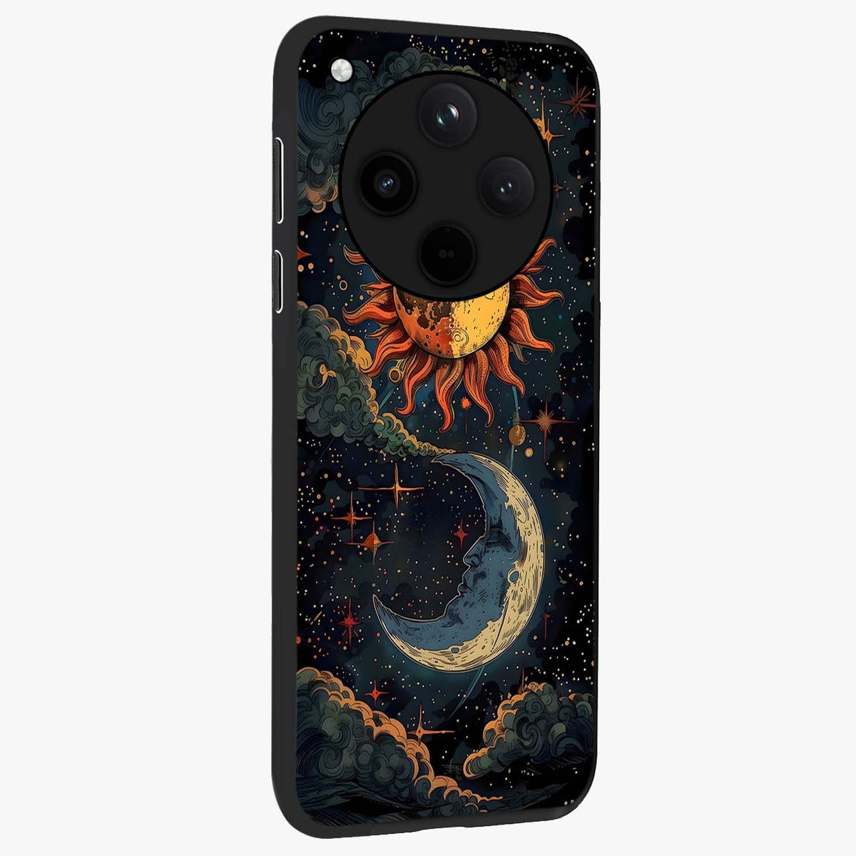 Sun And Moon Magic Design Glass Case upright view showcasing decorative sun and moon artwork with spiritual celestial theme.