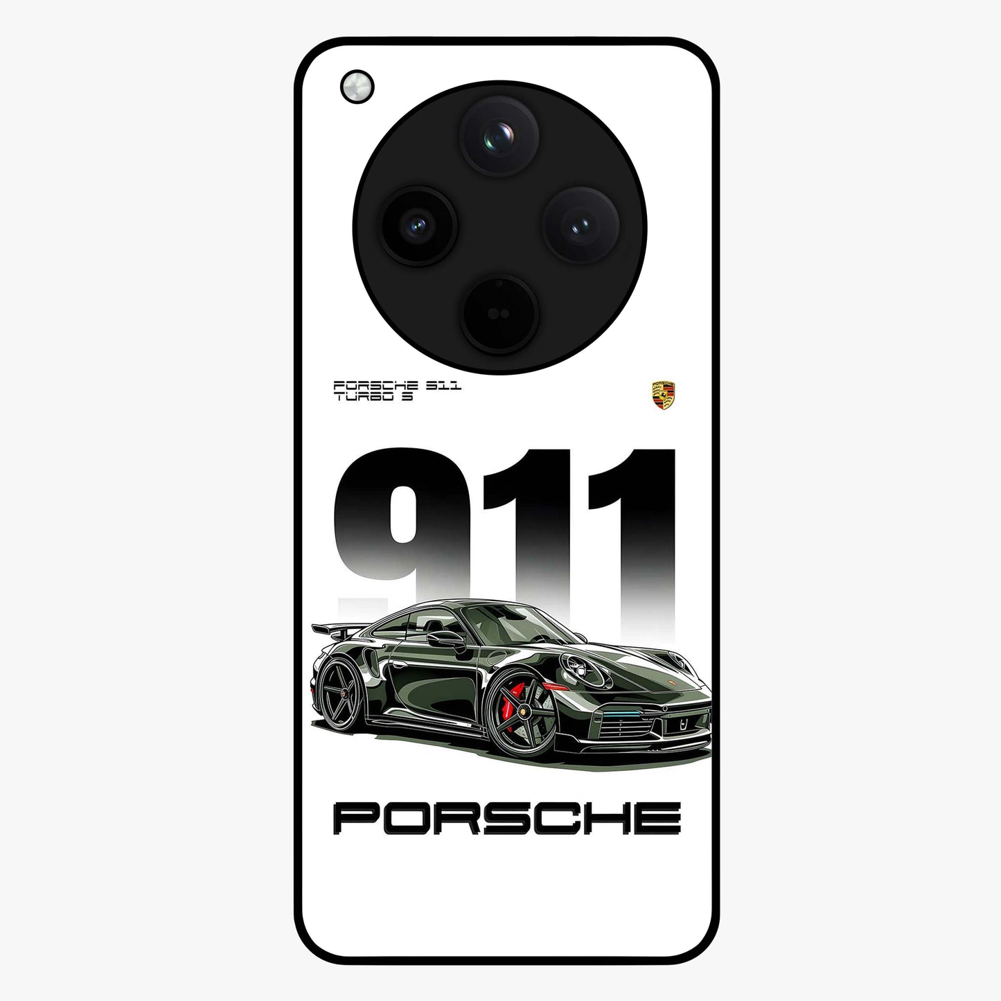 911 Turbo Dominance Glass Case showing clean flat back view with bold 911 sports car artwork and glossy glass finish.