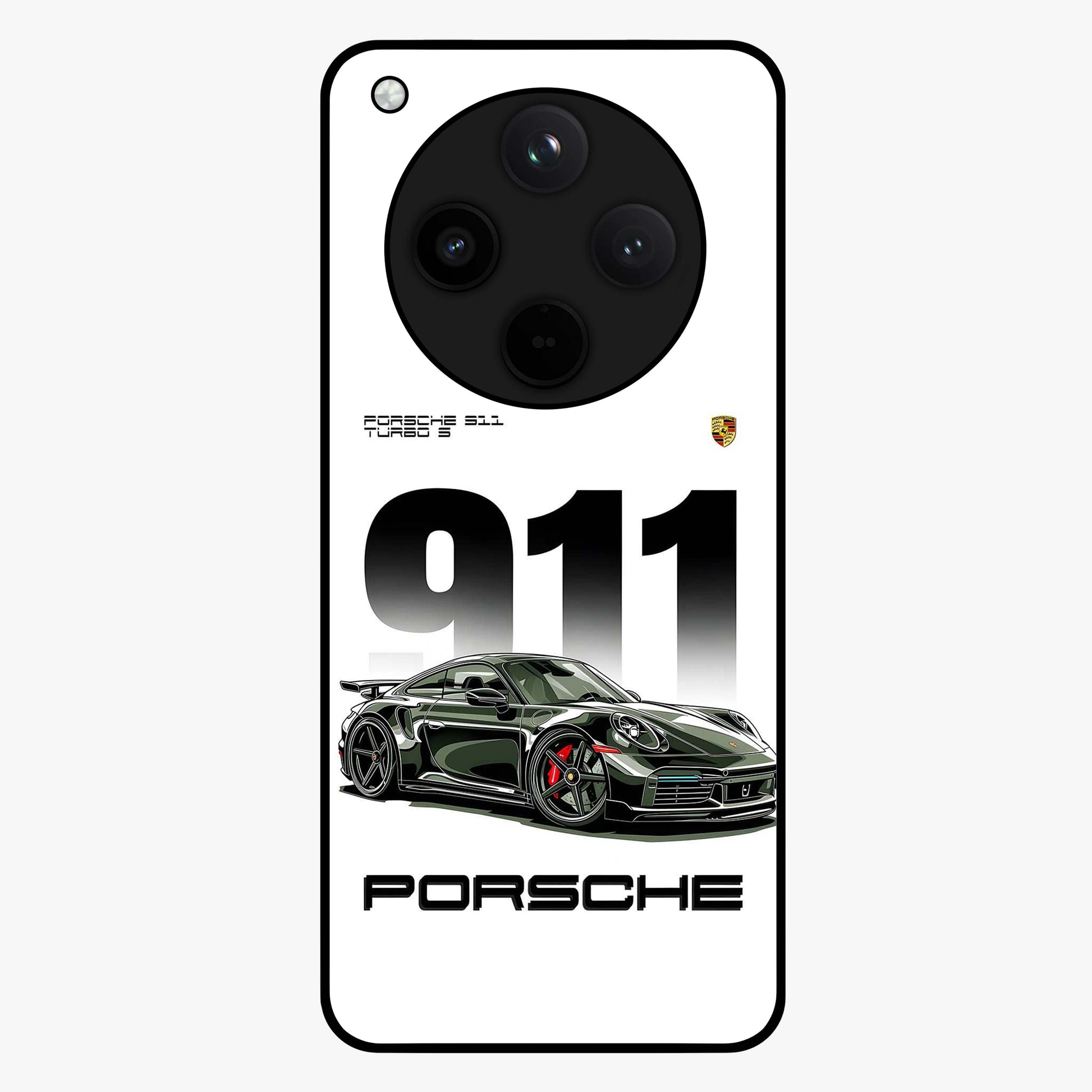 911 Turbo Dominance Glass Case showing clean flat back view with bold 911 sports car artwork and glossy glass finish.